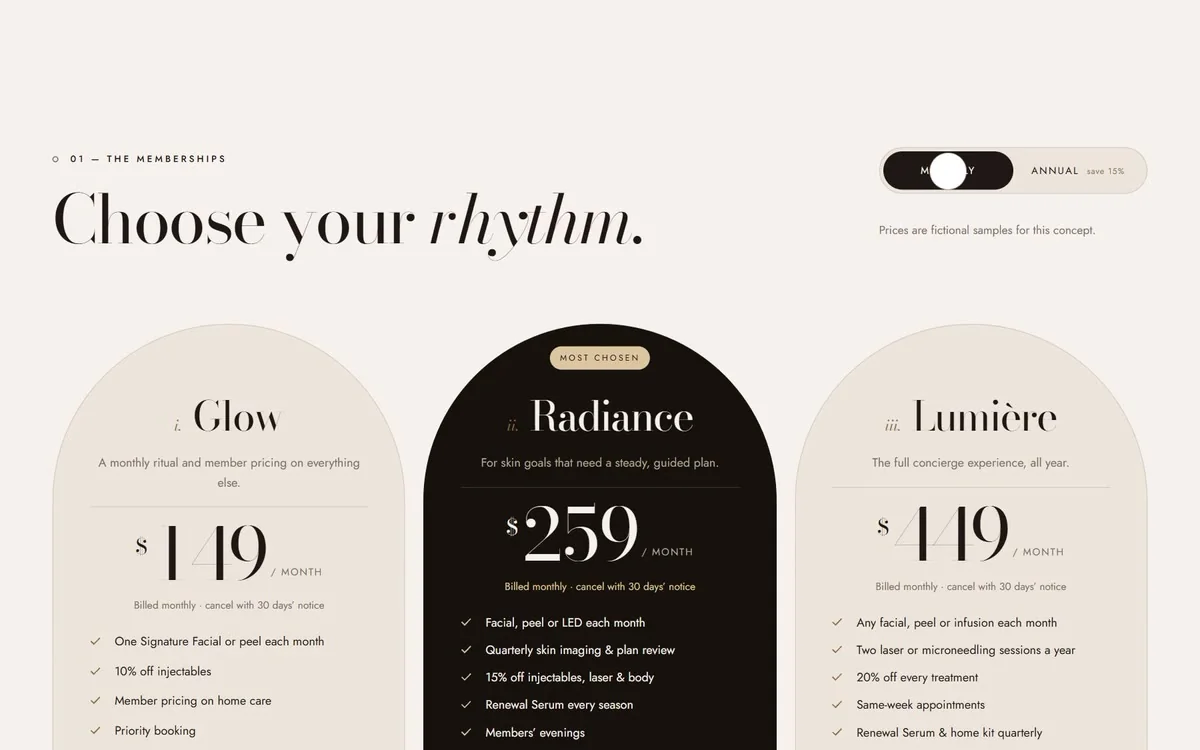 Membership plans with monthly and annual pricing