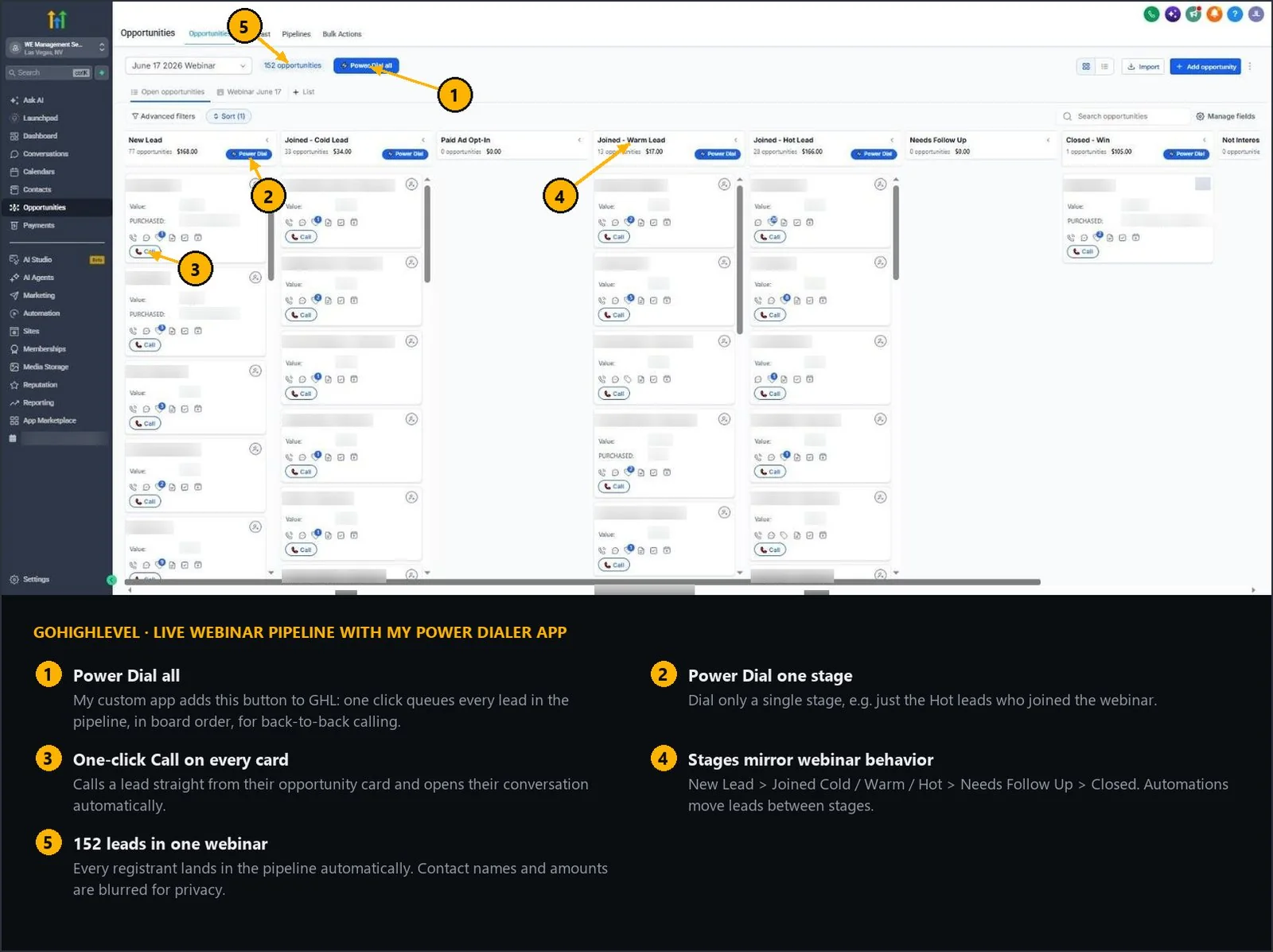 GHL Power Dialer inside a GoHighLevel pipeline