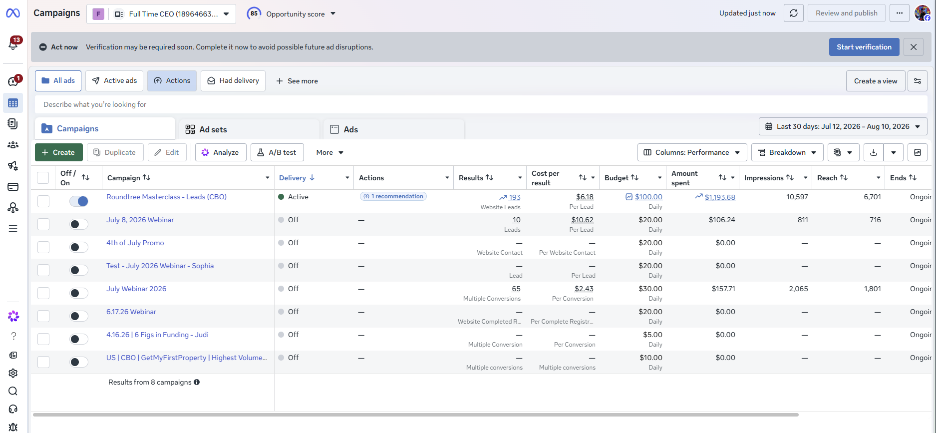 Meta Ads campaign performance