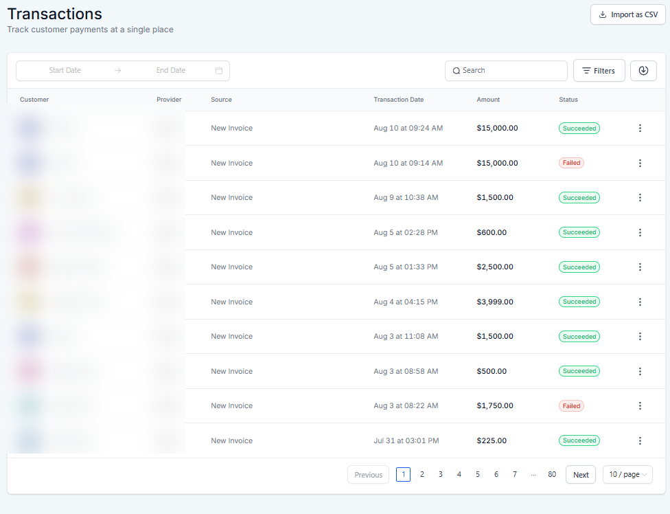 Stripe transactions, customer names blurred for privacy